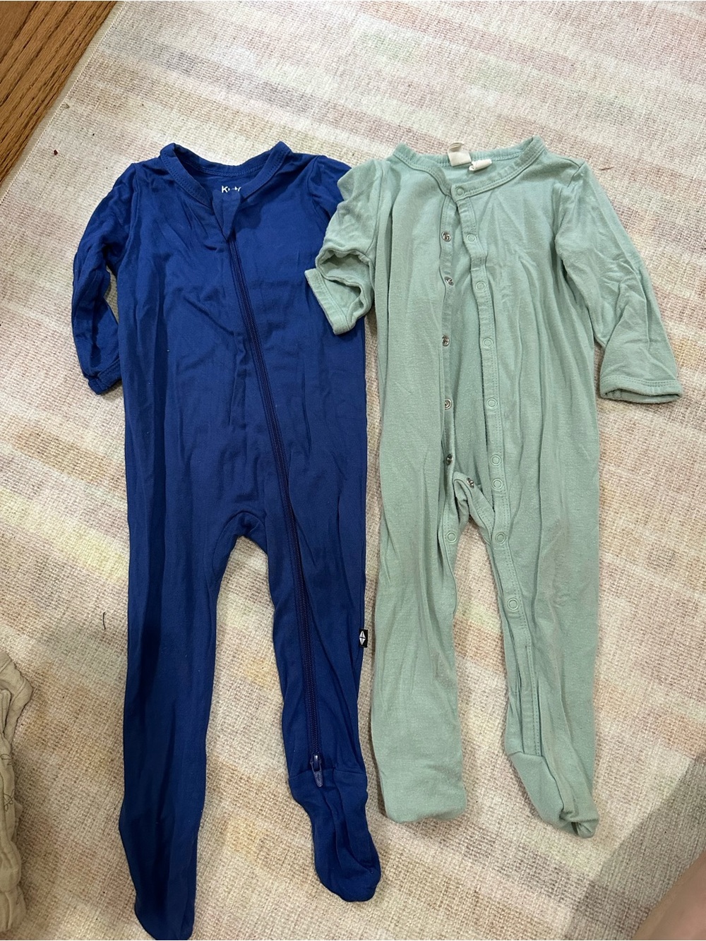 2 KYTE Baby One-Piece Footed Zipper and Snap Rompers - Blue and Sage